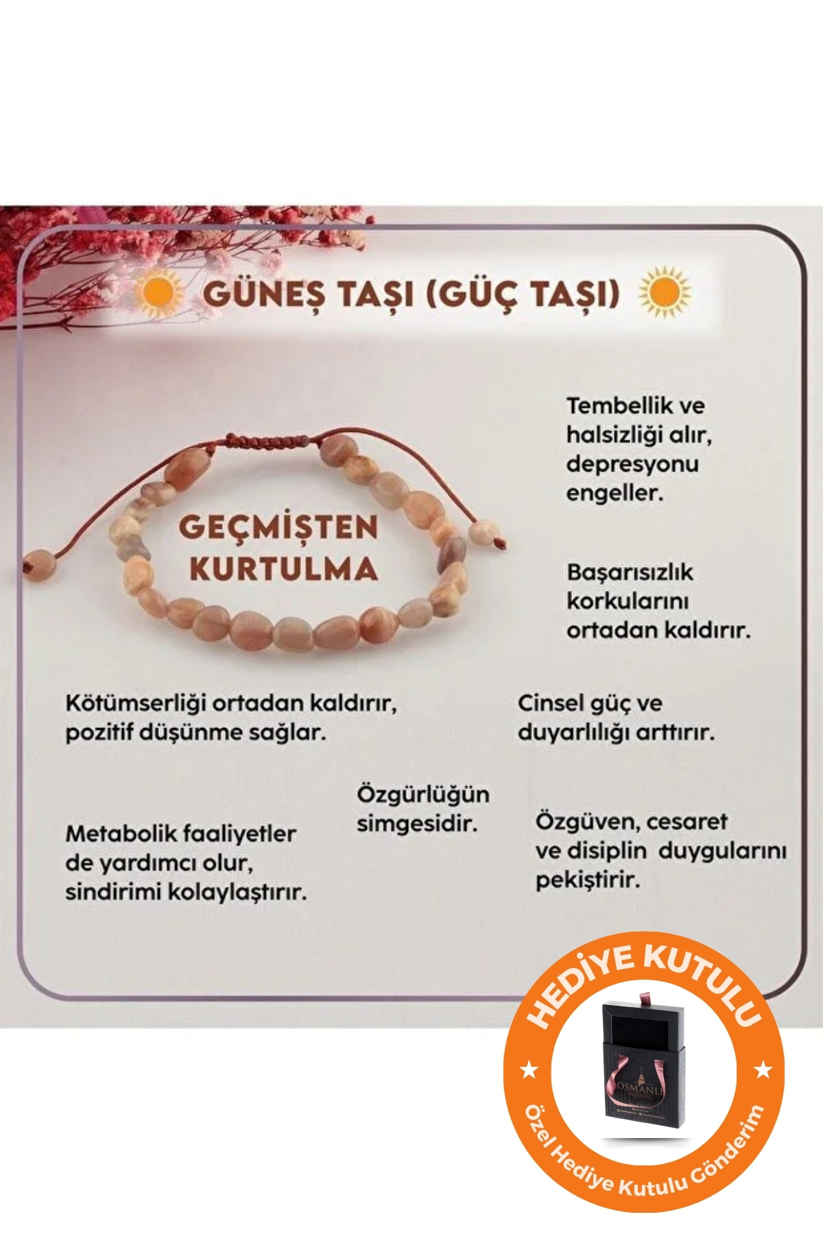 OSMANLI DOĞAL TAŞ Orijinal & Sertifikalı Güneş Taşı Gerçek Doğal Taş Kutulu El Yapımı Güneş Güç Taşı Kadın Bileklik görsel 2