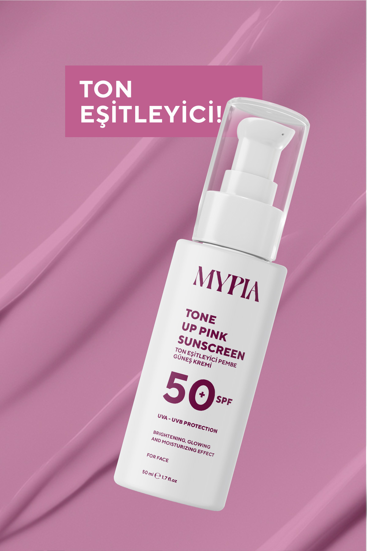 Leke Karşıtı Ton Eşitleyici SPF 50+ Glutatyon & Hyaluronik Asit Etkili Pembe Renkli Güneş Kremi 50ml — SPF50+1 — تصویر 5 از 8