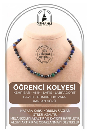 OSMANLI DOĞAL TAŞ Öğrenci Kolyesi (KEHRİBAR, AKİK,LAPİS,LABRADORİT,HAVLİT,DUM...