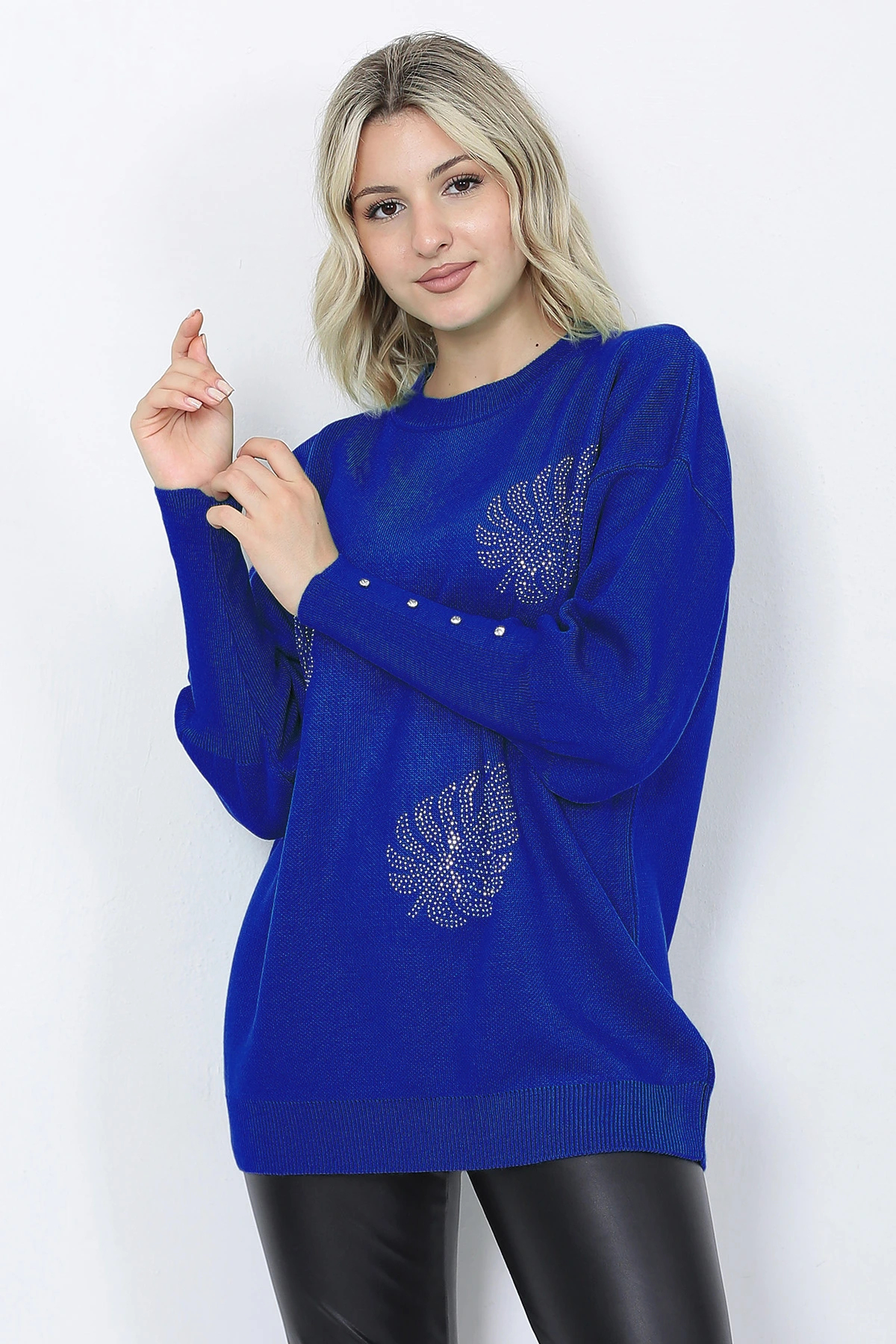 Women's Knitwear Sweater Crew Neck Leaf Patterned Sleeve Gemstone Oversize Saxe Blue
