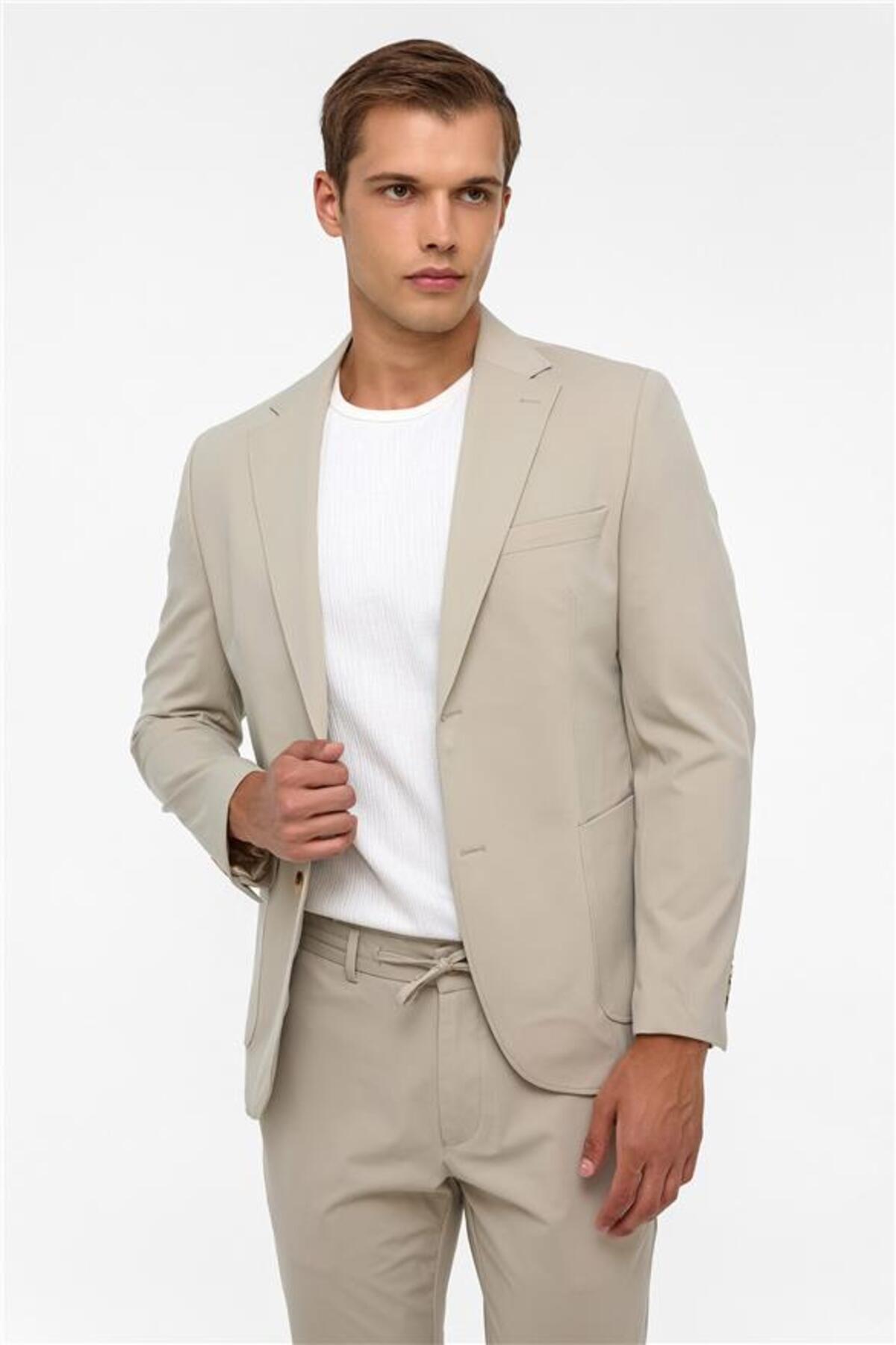 SÜVARİ  Bej Slim Mono Yaka Düz Torba Cep 6 Drop Takım Elbise - Görsel 2