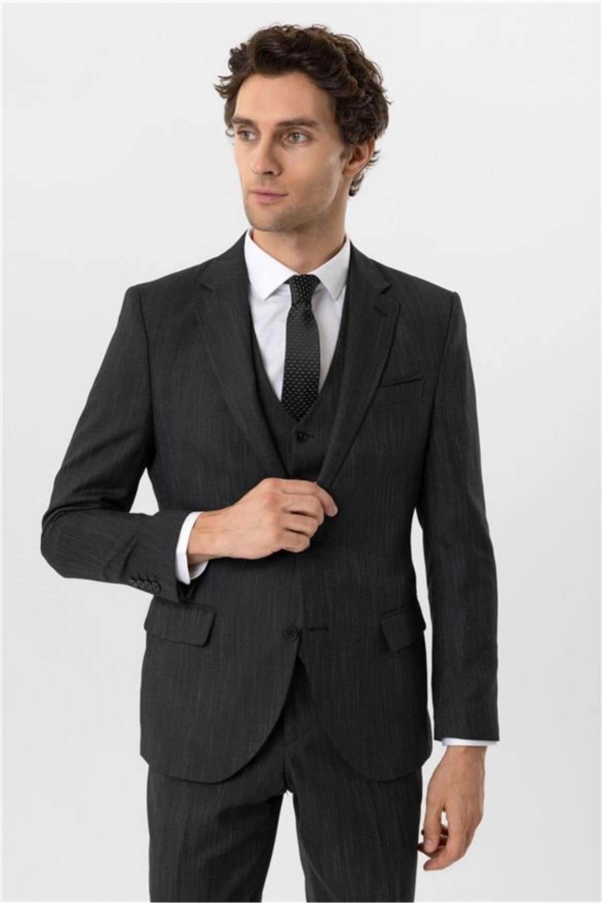 SÜVARİ  Siyah Slim Desenli Mono Yaka 6 Drop Yelekli Takım Elbise - Görsel 5