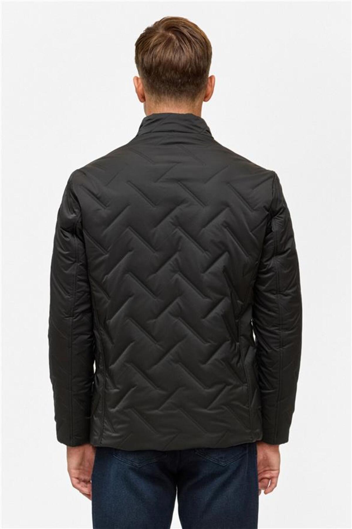 SÜVARİ  Siyah Slim Dik Yaka Düz Cepsiz Fermuarlı Kapitone Standart Mont - Görsel 6