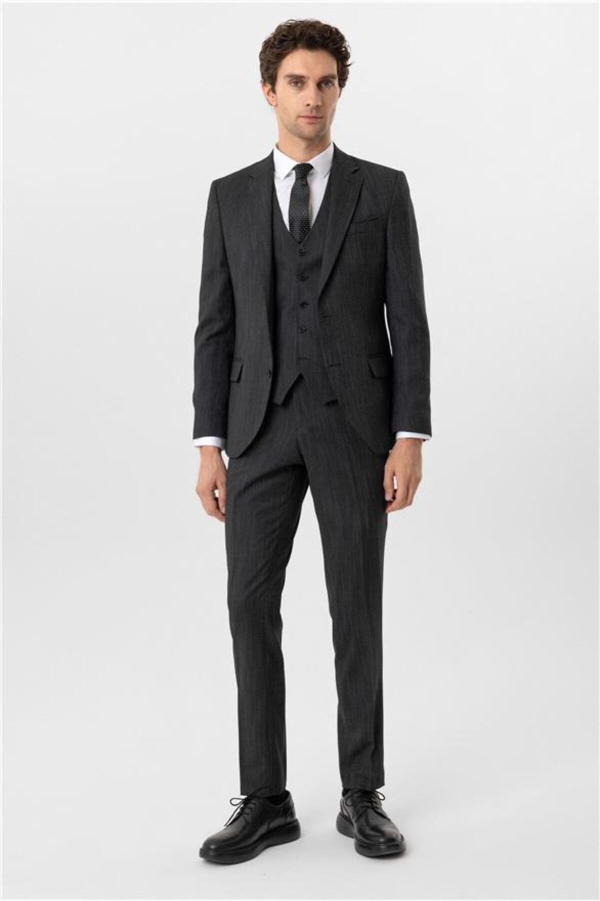 SÜVARİ  Siyah Slim Desenli Mono Yaka 6 Drop Yelekli Takım Elbise - Görsel 2