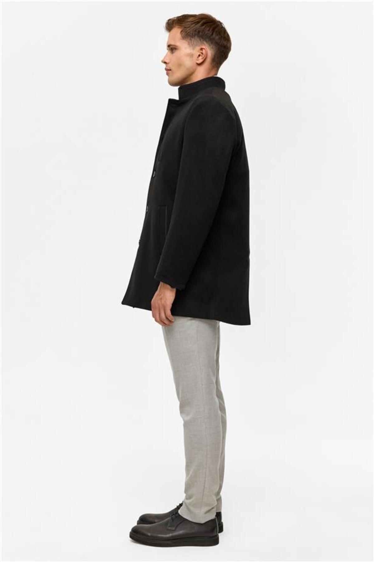 SÜVARİ  Siyah Regular Düz Hakim Yaka Kaban - Görsel 7
