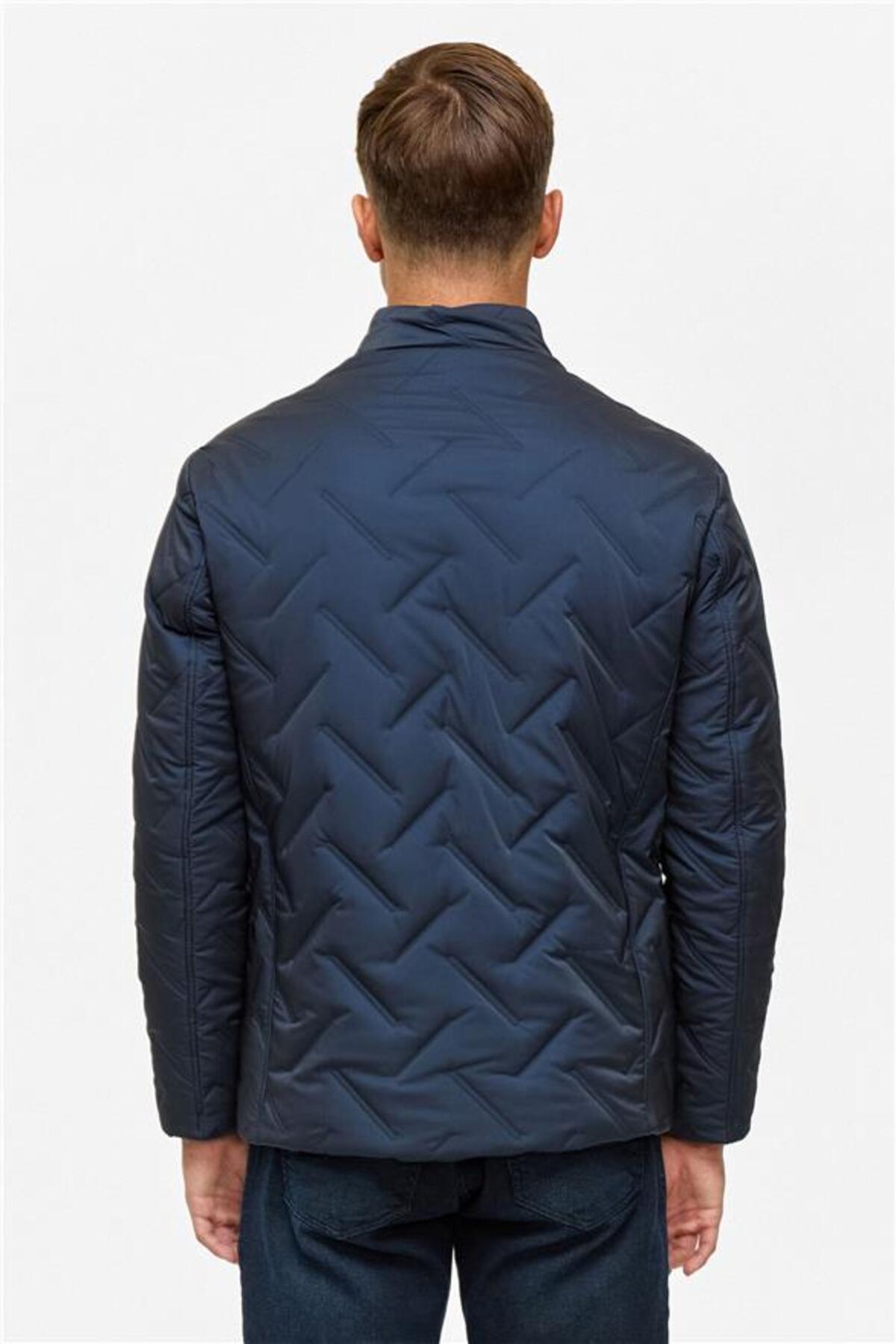 SÜVARİ  Lacivert Slim Dik Yaka Düz Yan Cepli Fermuarlı Kapitone Standart Mont - Görsel 6