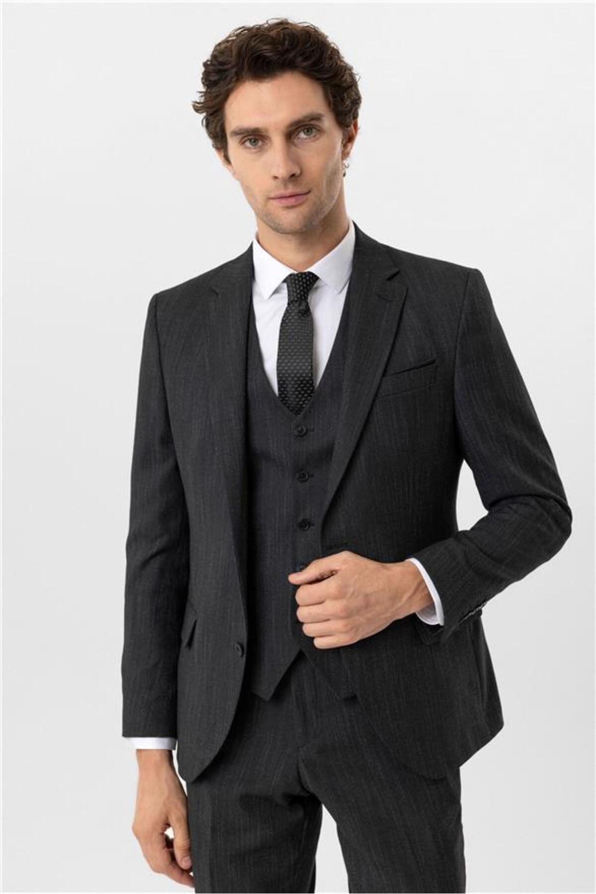 SÜVARİ  Siyah Slim Desenli Mono Yaka 6 Drop Yelekli Takım Elbise - Görsel 4