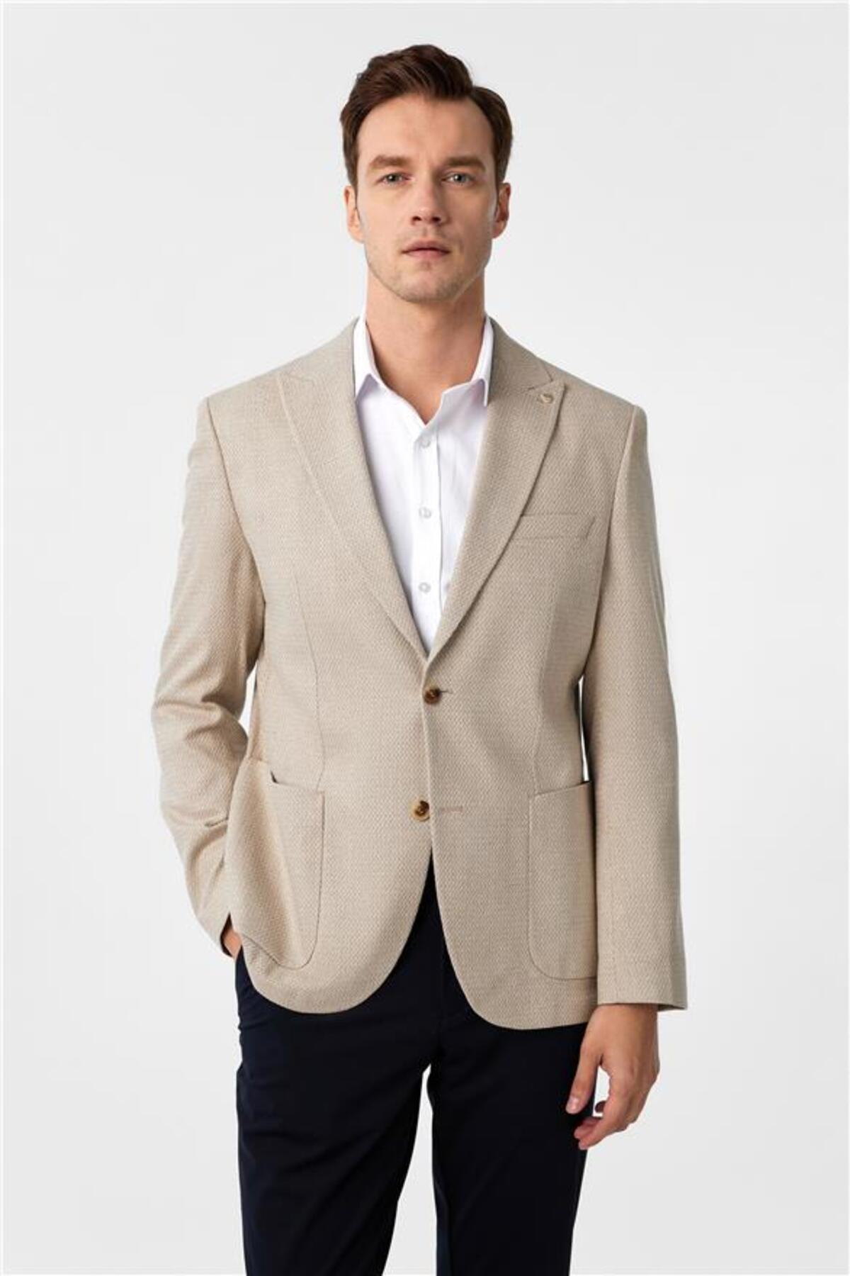 SÜVARİ  Bej Slim Desenli Sivri Yaka 6 Drop Ceket - Görsel 2