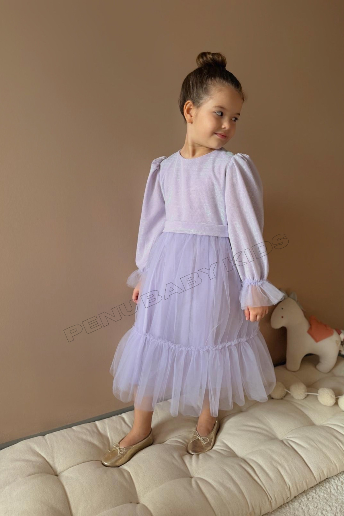 penu baby kids Lila Üstü Pırıltılı Kumaş Fırfırlı Uzun Etekli Uzun Kollu Kız Çocuk Kız Bebek Elbise fotoğrafı 3 (önizleme)