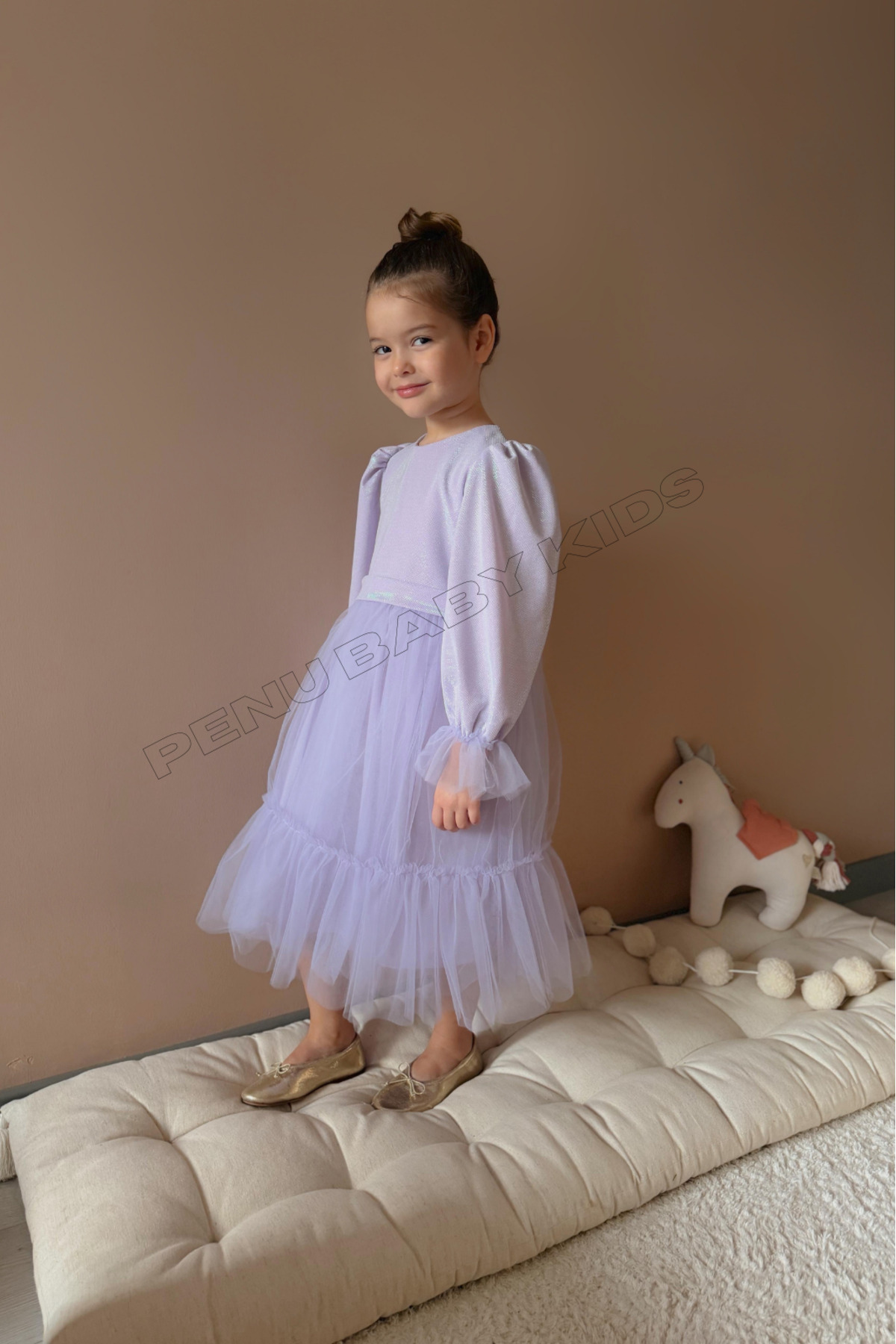 Lilac Shimmer Fabric Ruffled Long Skirt Long Sleeve Baby Girl Dress