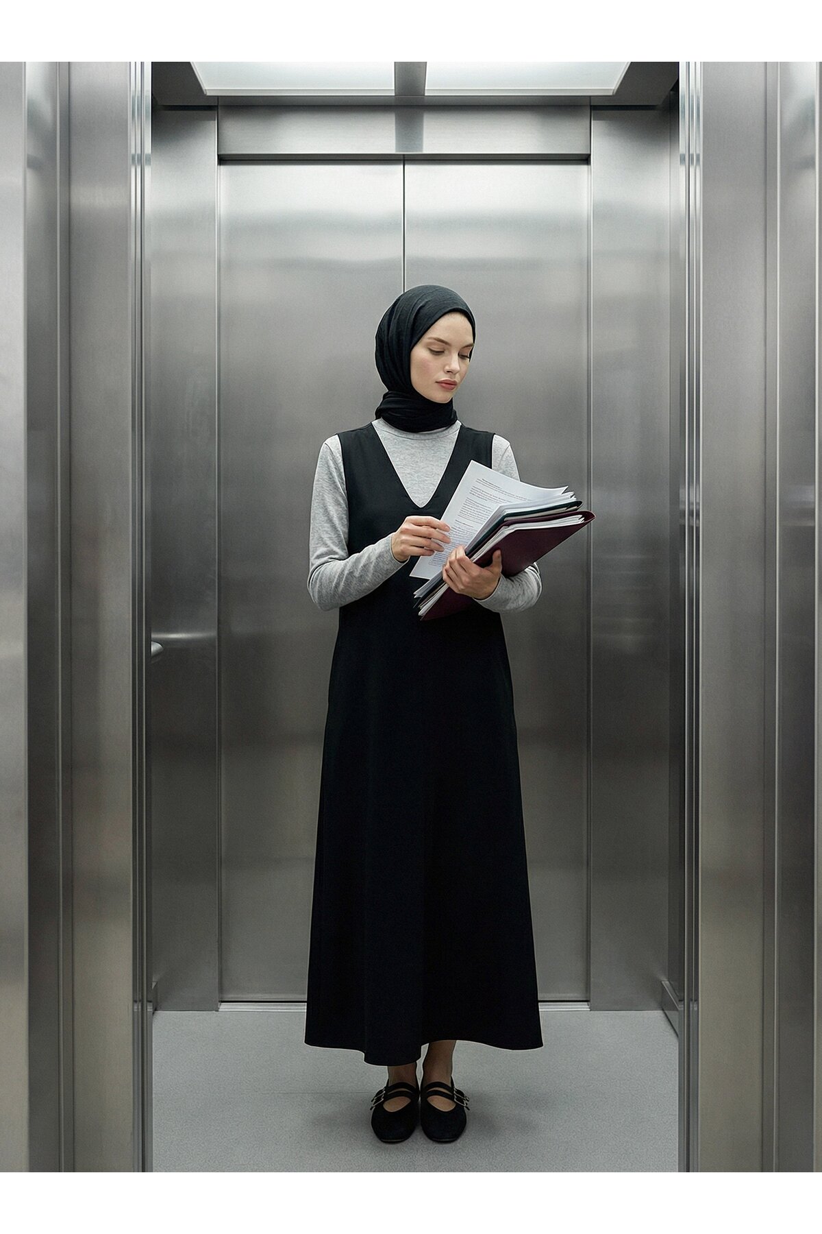 Refka  Kalın Askılı Cep Detaylı Tesettür Elbise - Siyah -