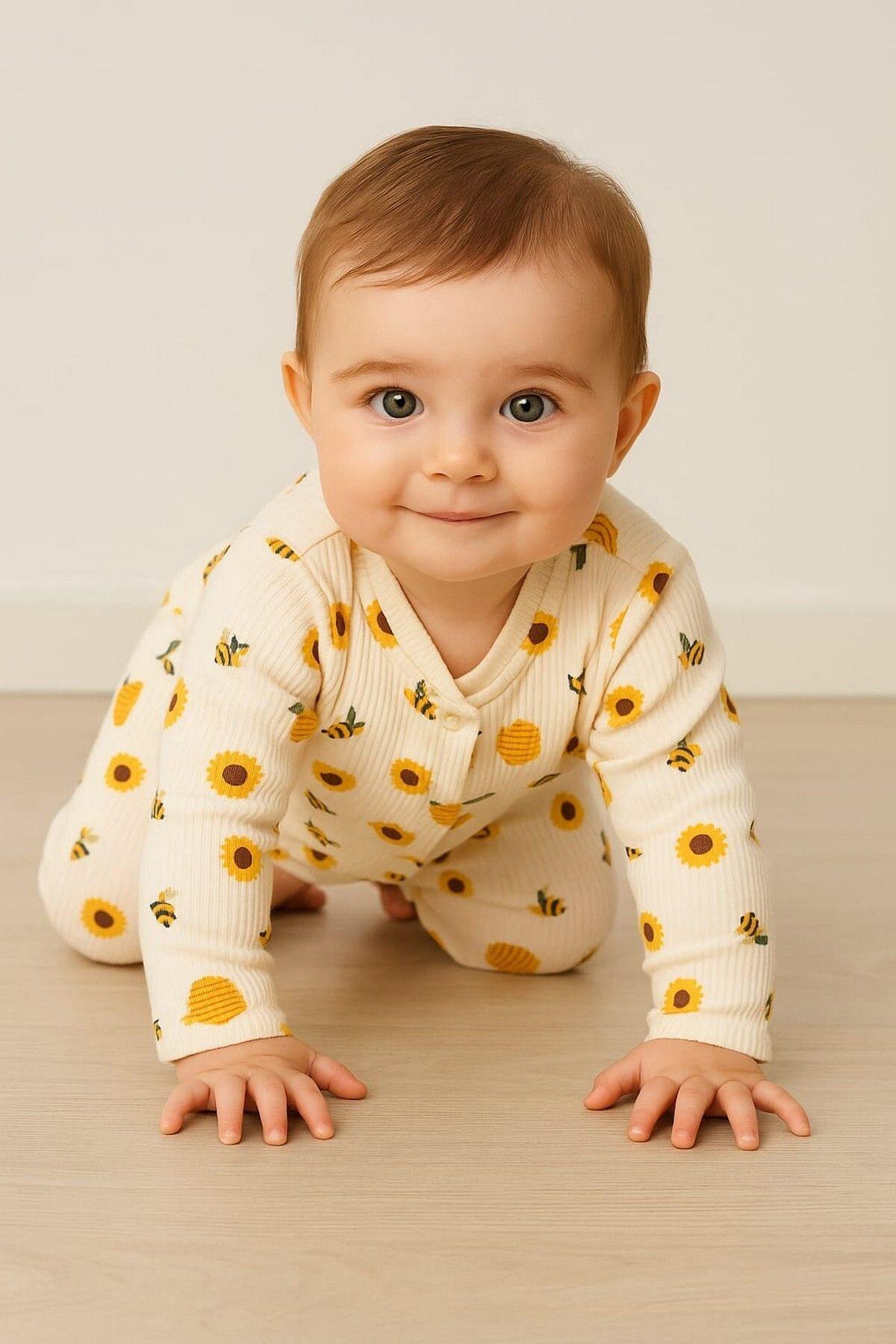 dinamik çocuk Unısex Bebek Safari ve Arı Baskılı Çıtçıtlı Yenidoğan Bebek Tulumu %100 Pamuk Esnek 1-3-6 Aylık fotoğrafı 2 (önizleme)