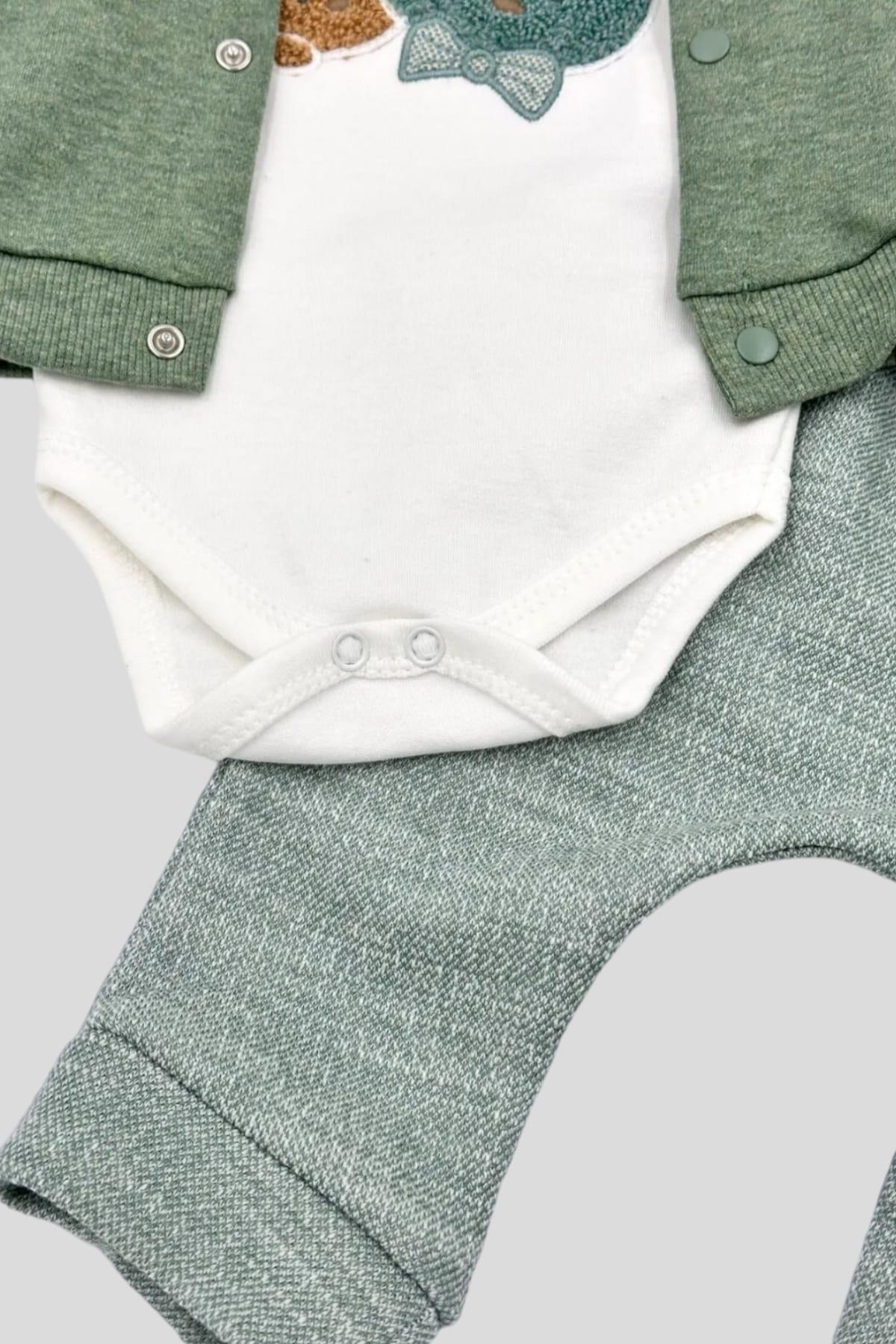 dinamik çocuk Erkek Bebek Ceketli 3lü Takım Ayıcık Nakışlı Mevsimlik Kapüşonlu 3 Parça Zıbınlı 0-3-6-9aylık fotoğrafı 6 (önizleme)