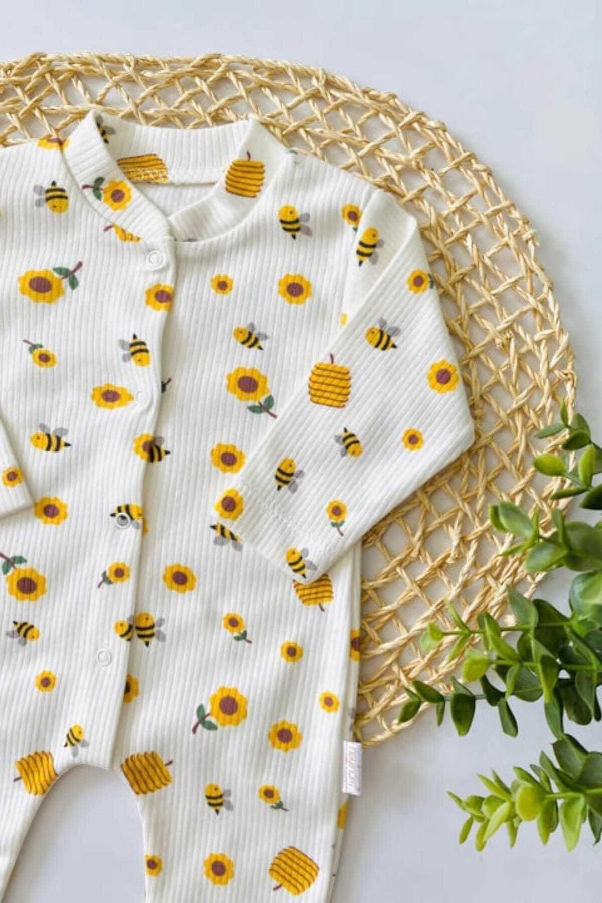 dinamik çocuk Unısex Bebek Safari ve Arı Baskılı Çıtçıtlı Yenidoğan Bebek Tulumu %100 Pamuk Esnek 1-3-6 Aylık fotoğrafı 6 (önizleme)