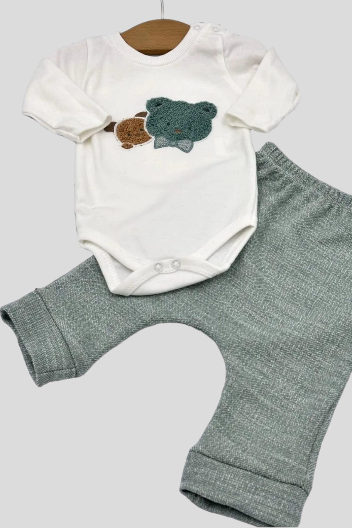 dinamik çocuk Erkek Bebek Ceketli 3lü Takım Ayıcık Nakışlı Mevsimlik Kapüşonlu 3 Parça Zıbınlı 0-3-6-9aylık fotoğrafı 7 (önizleme)