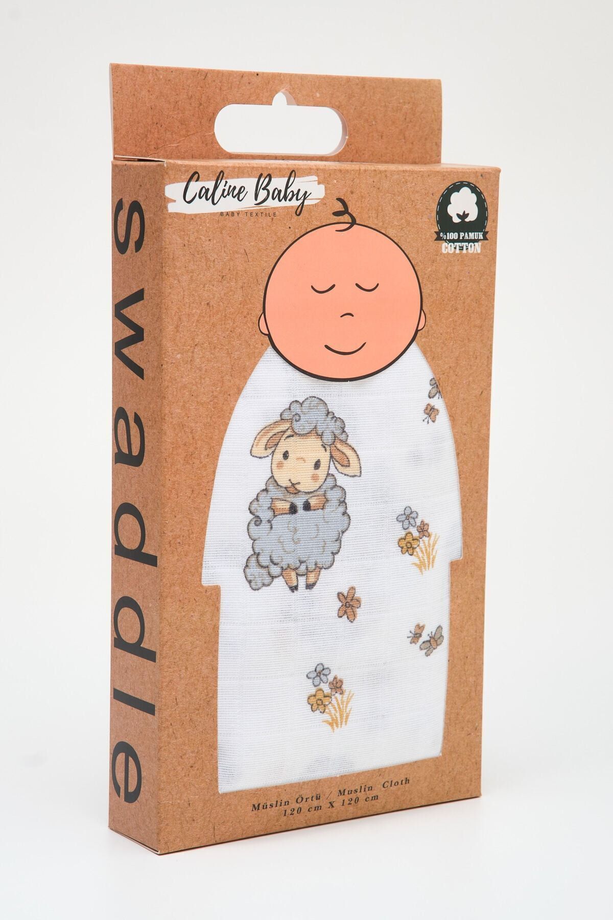 Caline Baby Müslin Bezi Örtü Kuzu Desen - Gri 120x120 cm + 4 Adet Ağız Mendili fotoğrafı 3 (önizleme)