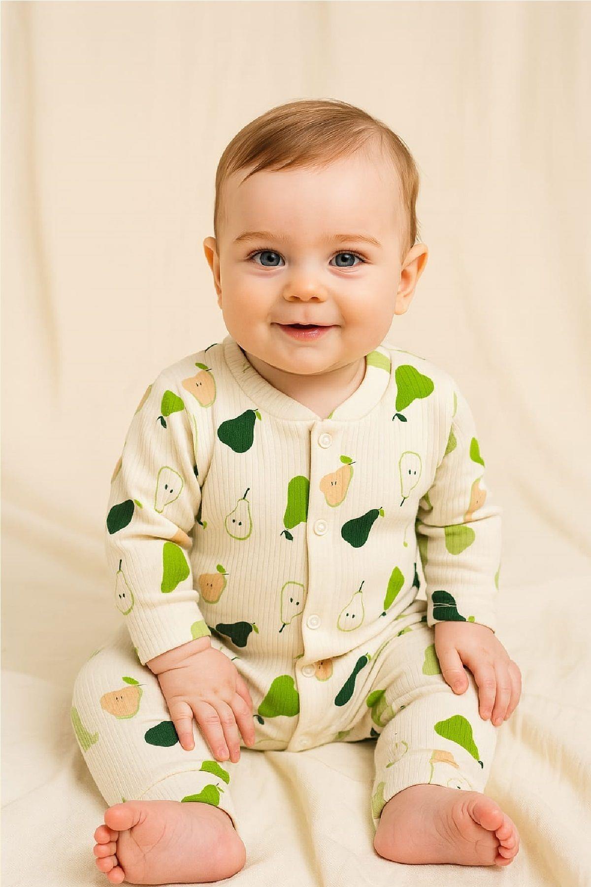 Baby Boy Pear Printed Ribbed Fabric Snap Fastener Newborn Baby Jumpsuit 100% Cotton Flexible 1-3-6months