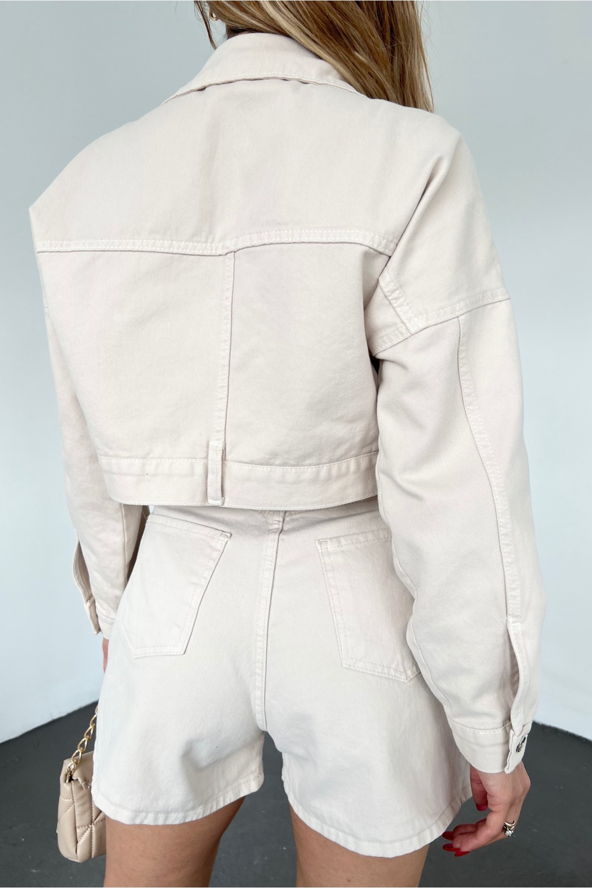 Fav Style  Kadın Fermuar Kapamalı Çift Cepli Crop Kot Ceket Bej - Görsel 9