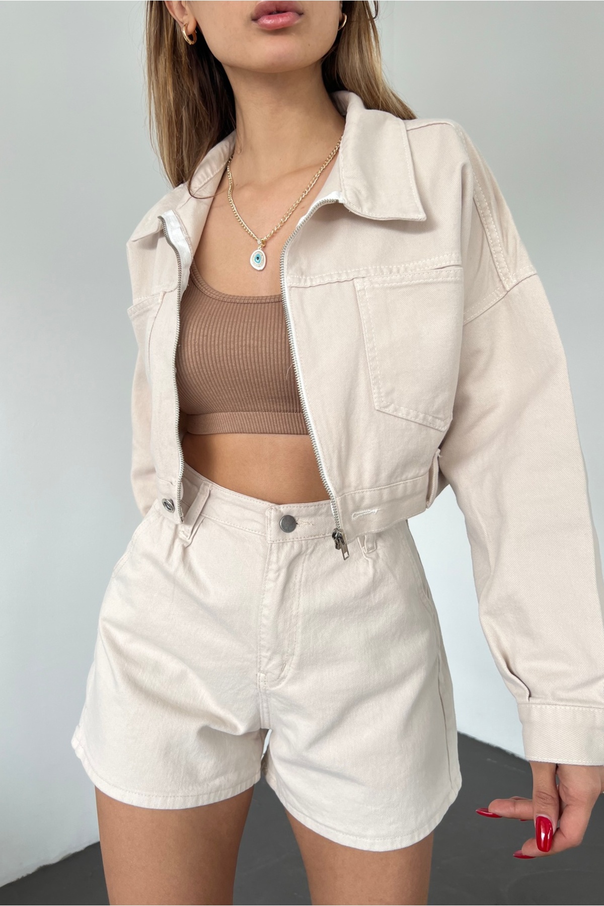 Fav Style  Kadın Fermuar Kapamalı Çift Cepli Crop Kot Ceket Bej - Görsel 6