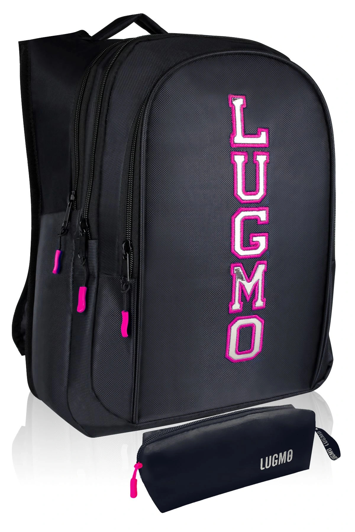Three-Eyed Padded School Bag with Lining and Pencil Holder Middle School High School Bag with Coat of Arms Pink