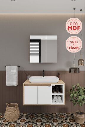 BALNEOM Lale Beyaz 80 Cm %100 Mdf Lavabolu Banyo Dolabı + Aynalı Dolap