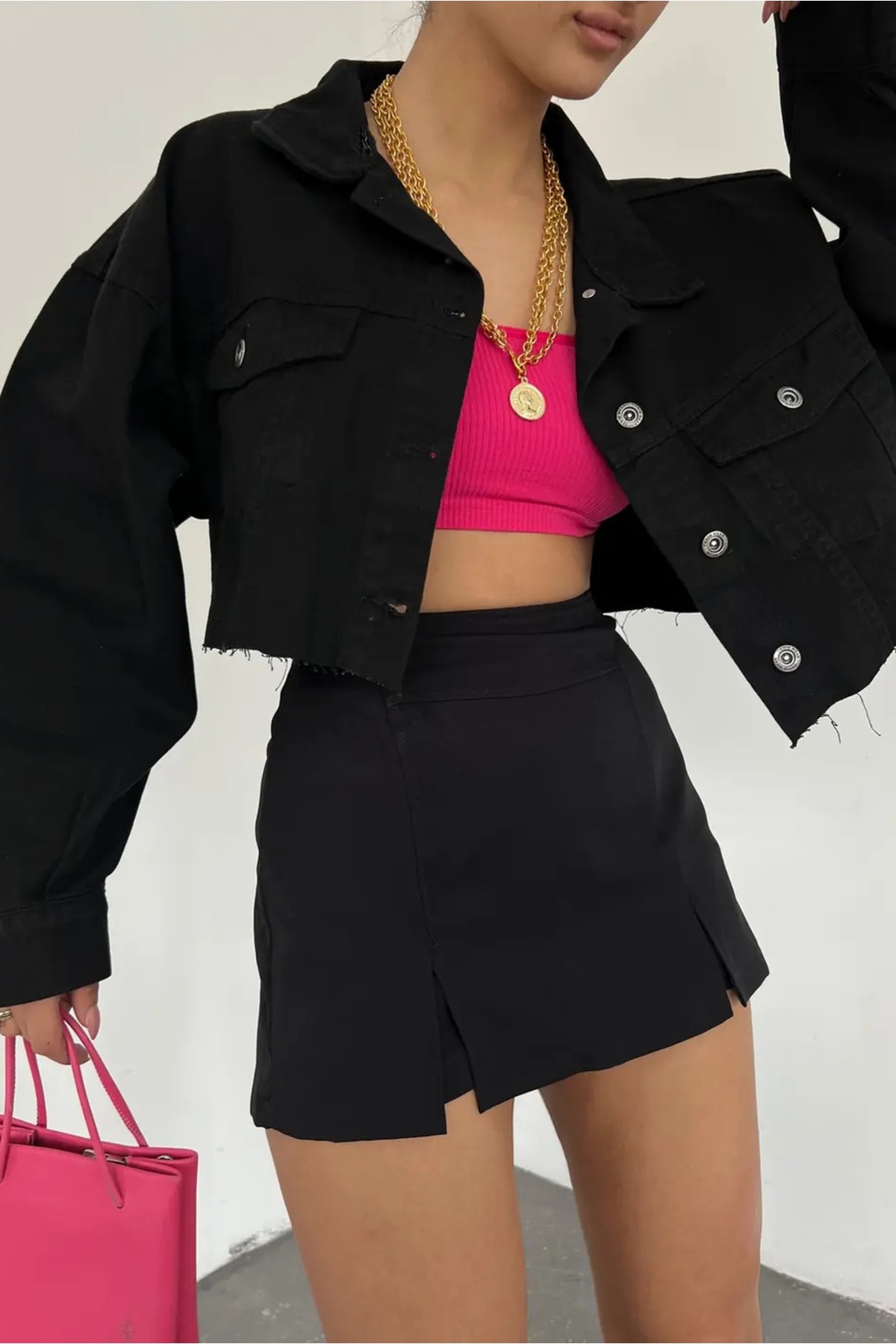 Fav Style  Kadın Altı Kesik Dikişsiz Düğmeli Çift Cepli Crop Oversize Kot Ceket Siyah - Görsel 7