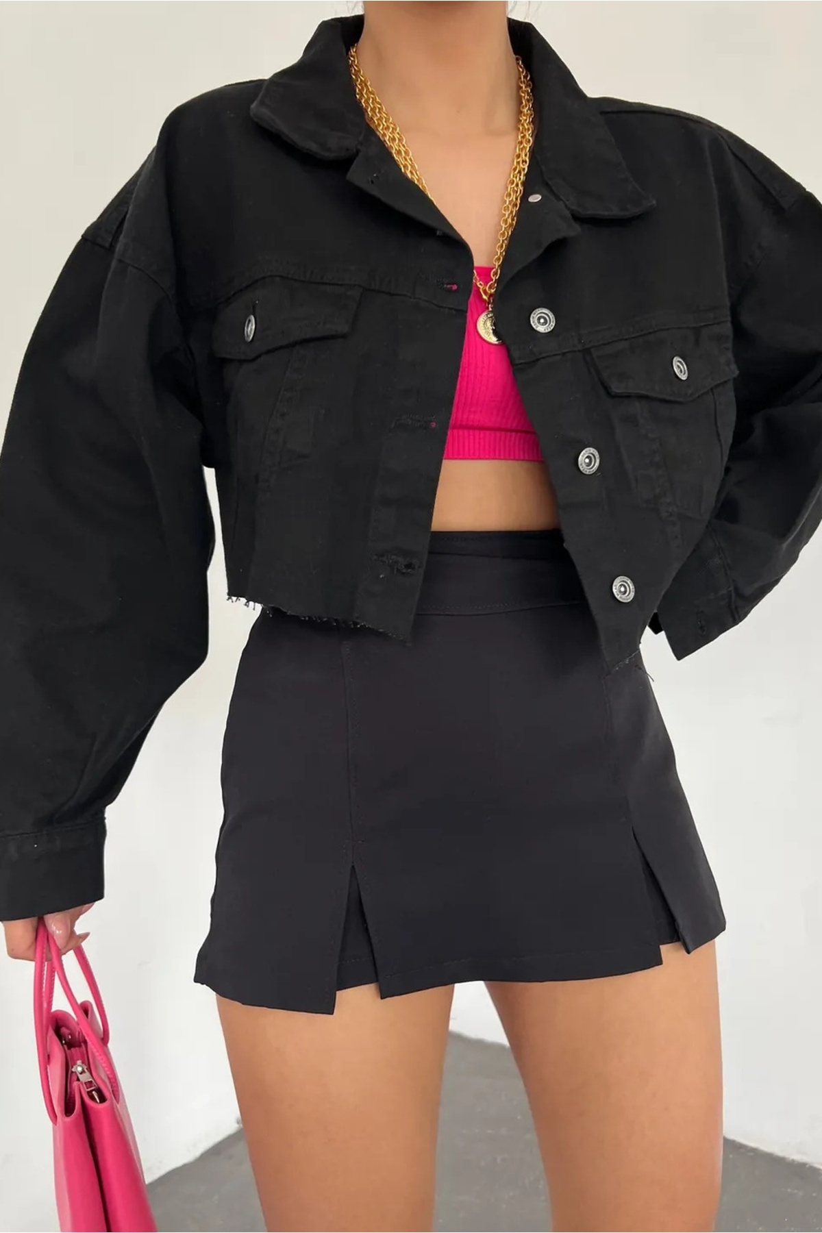 Fav Style  Kadın Altı Kesik Dikişsiz Düğmeli Çift Cepli Crop Oversize Kot Ceket Siyah - Görsel 4