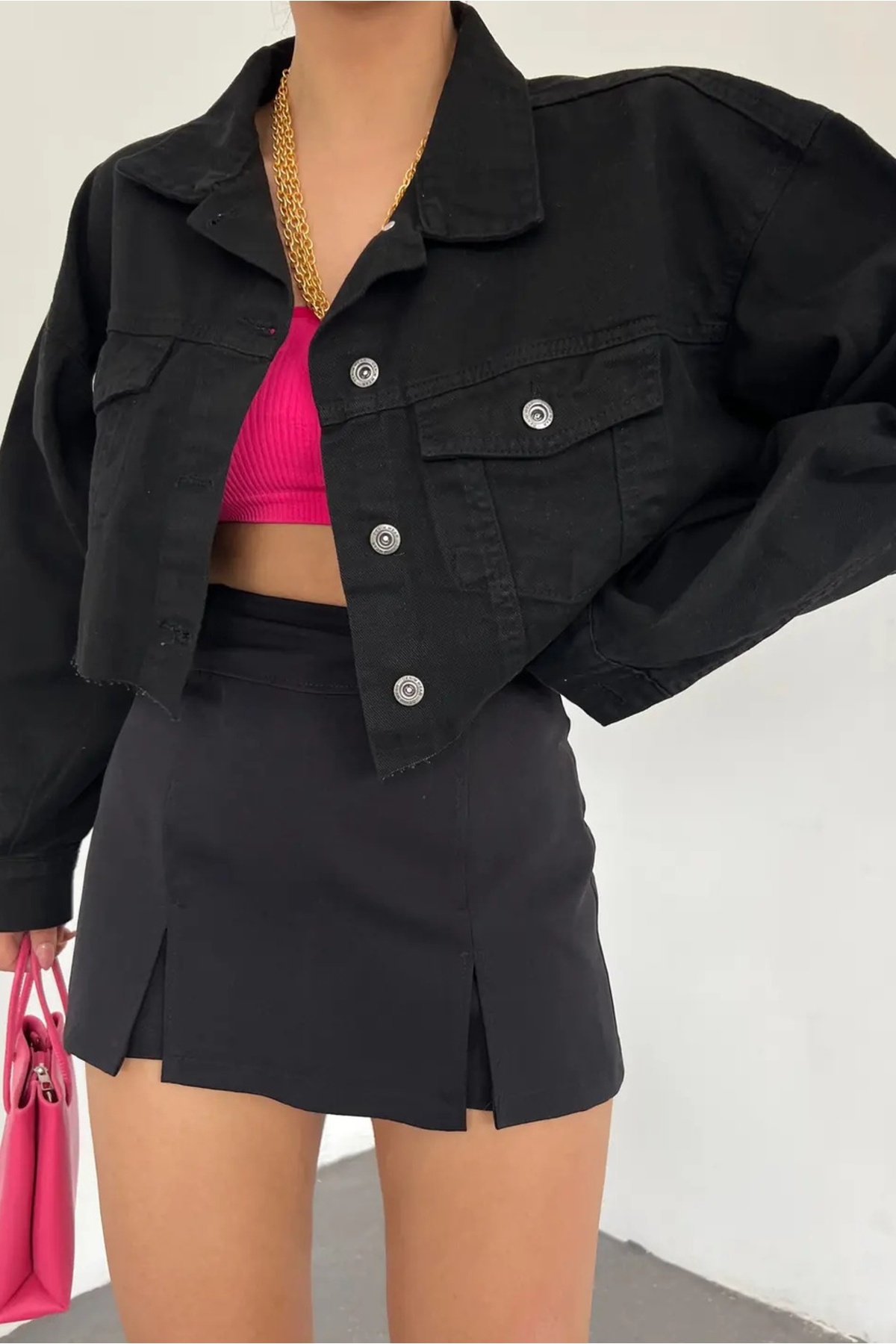 Fav Style  Kadın Altı Kesik Dikişsiz Düğmeli Çift Cepli Crop Oversize Kot Ceket Siyah - Görsel 3