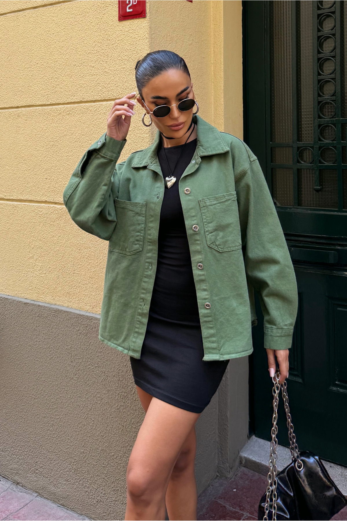 Fav Style  Kadın Oversize Uzun Kollu Çift Cepli Ceket Gömlek Yıkamalı Haki - Görsel 5