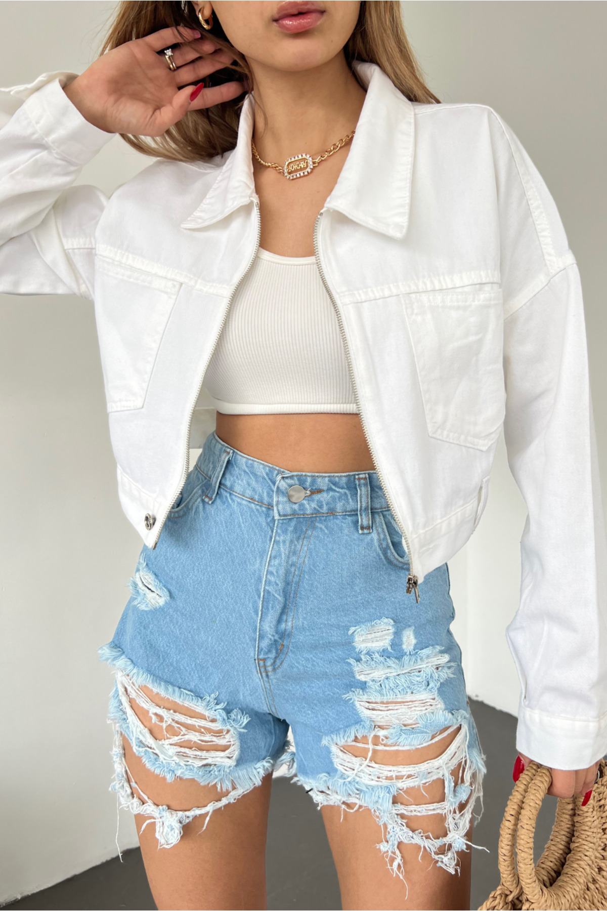 Fav Style  Kadın Fermuar Kapamalı Çift Cepli Crop Kot Ceket Beyaz - Görsel 6