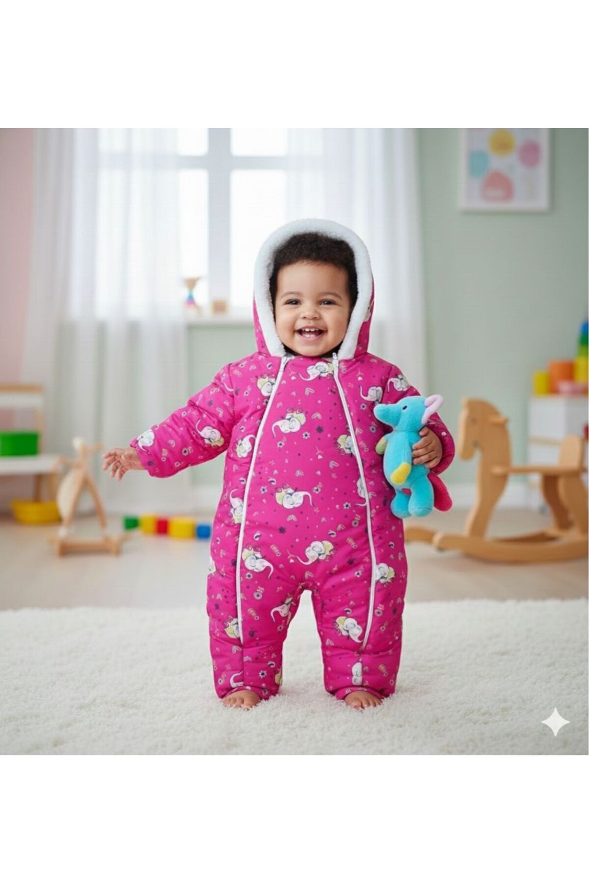 TNY DİJİTAL BASKILI KIZ BEBEK KAPŞONLU İÇİ PELUŞ KIŞLIK FERMUARLI ASTRONOT KOZMONOT TULUM fotoğrafı 2 (önizleme)