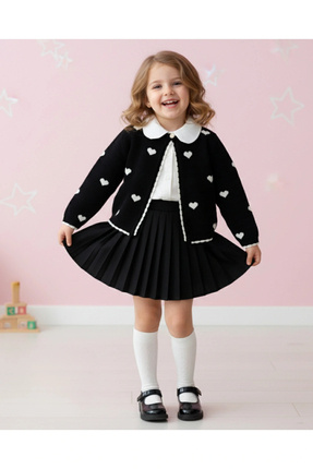 My Lusa baby wear Gökçe Kalp Desenli - Triko Hırka - Gömlek Pileli Etek 3'lü ...