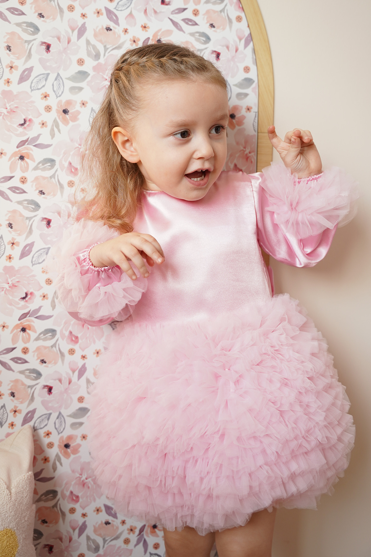 ALYRA Kız Bebek Çocuk Elbise Uzun Kollu Tüllü Tütü Özel Gün Parti Doğum Günü Prenses Saten Abiye Elbise fotoğrafı 2 (önizleme)