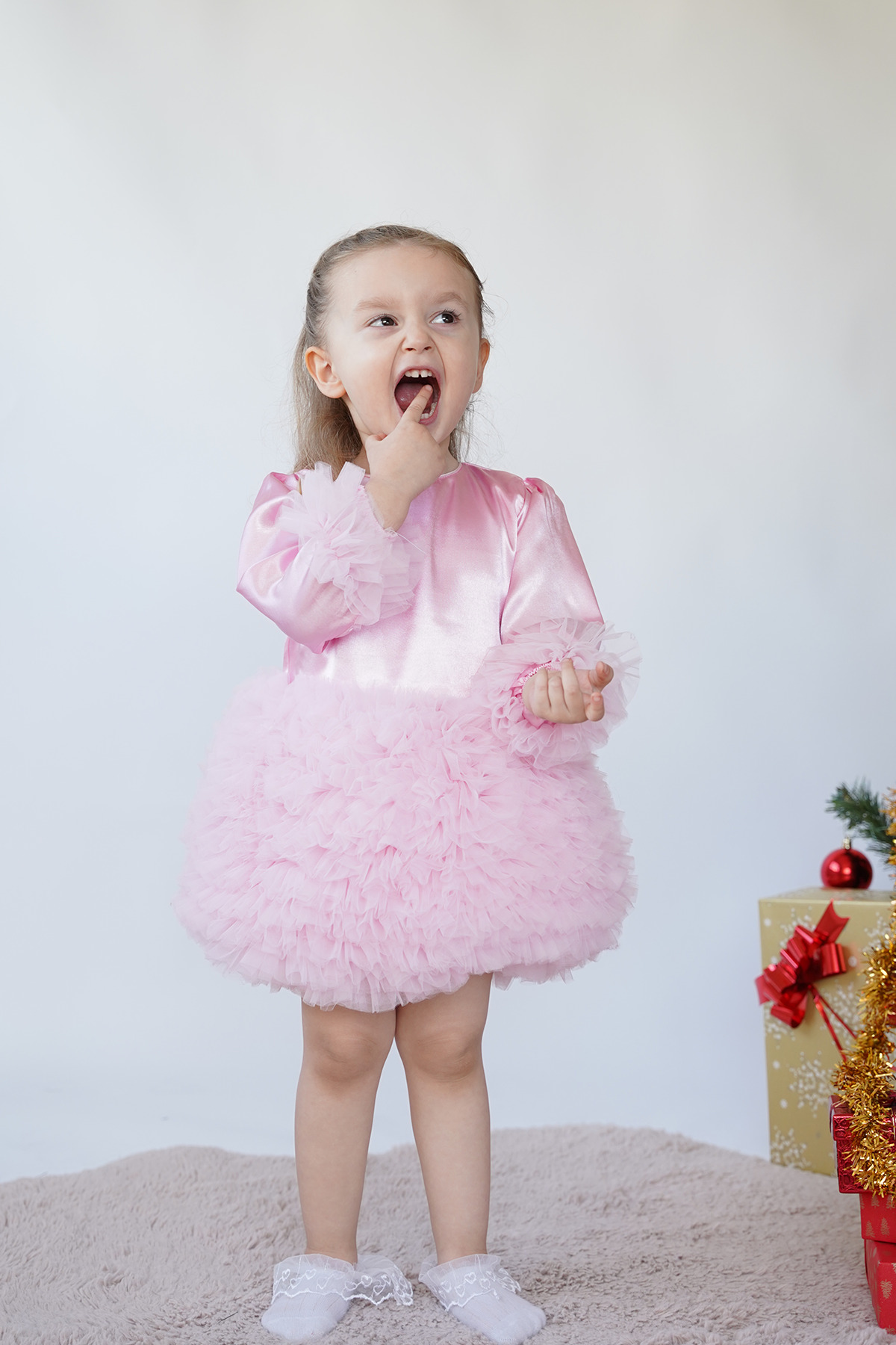 ALYRA Kız Bebek Çocuk Elbise Uzun Kollu Tüllü Tütü Özel Gün Parti Doğum Günü Prenses Saten Abiye Elbise fotoğrafı 3 (önizleme)