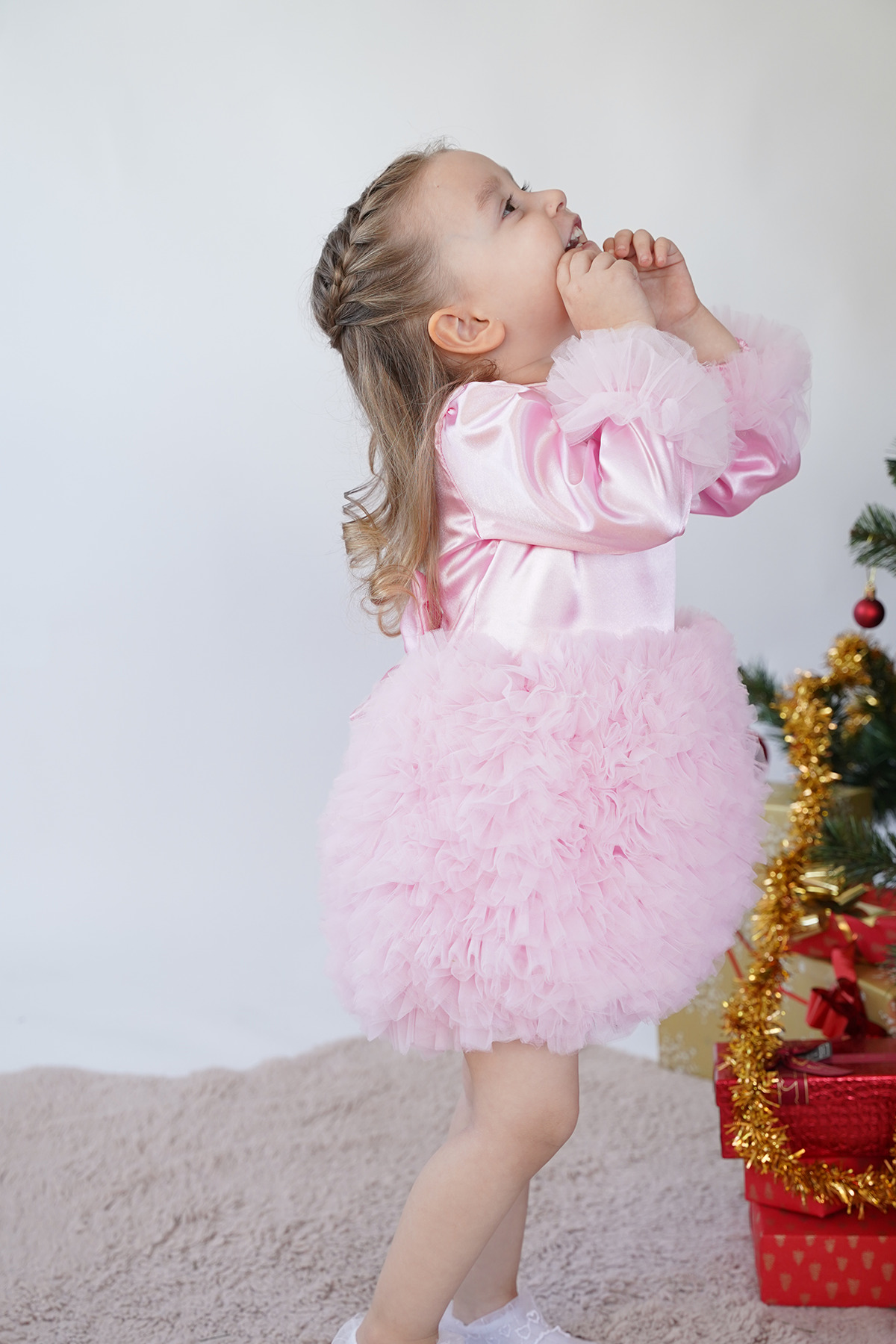 ALYRA Kız Bebek Çocuk Elbise Uzun Kollu Tüllü Tütü Özel Gün Parti Doğum Günü Prenses Saten Abiye Elbise fotoğrafı 4 (önizleme)