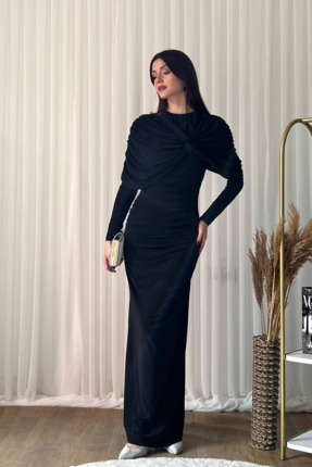 Klex Kadın Şal Yaka Detaylı Uzun Abiye Elbise Siyah