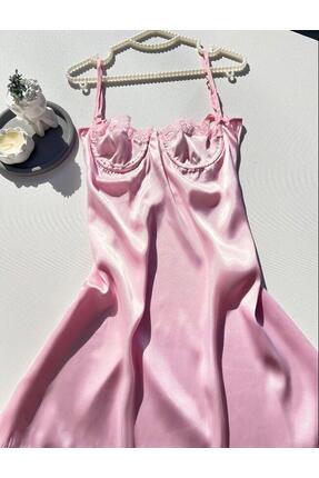 KARAZ Göğüs Dantel Detaylı Saten Gecelik - PEMBE-XL