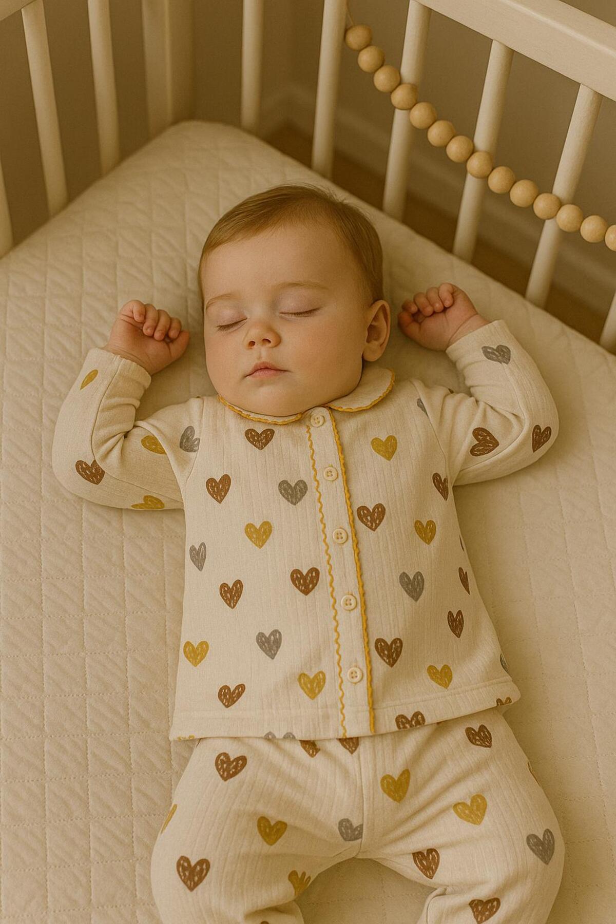 anne dokunuşu gibi KUZUM BEBE Kahve Kalpli Love Organik Omuzdan Çıtçıtlı 2’li Fitilli Kumaş Kız Bebek Çocuk Alt Üst Pijama Takımı fotoğrafı 4 (önizleme)