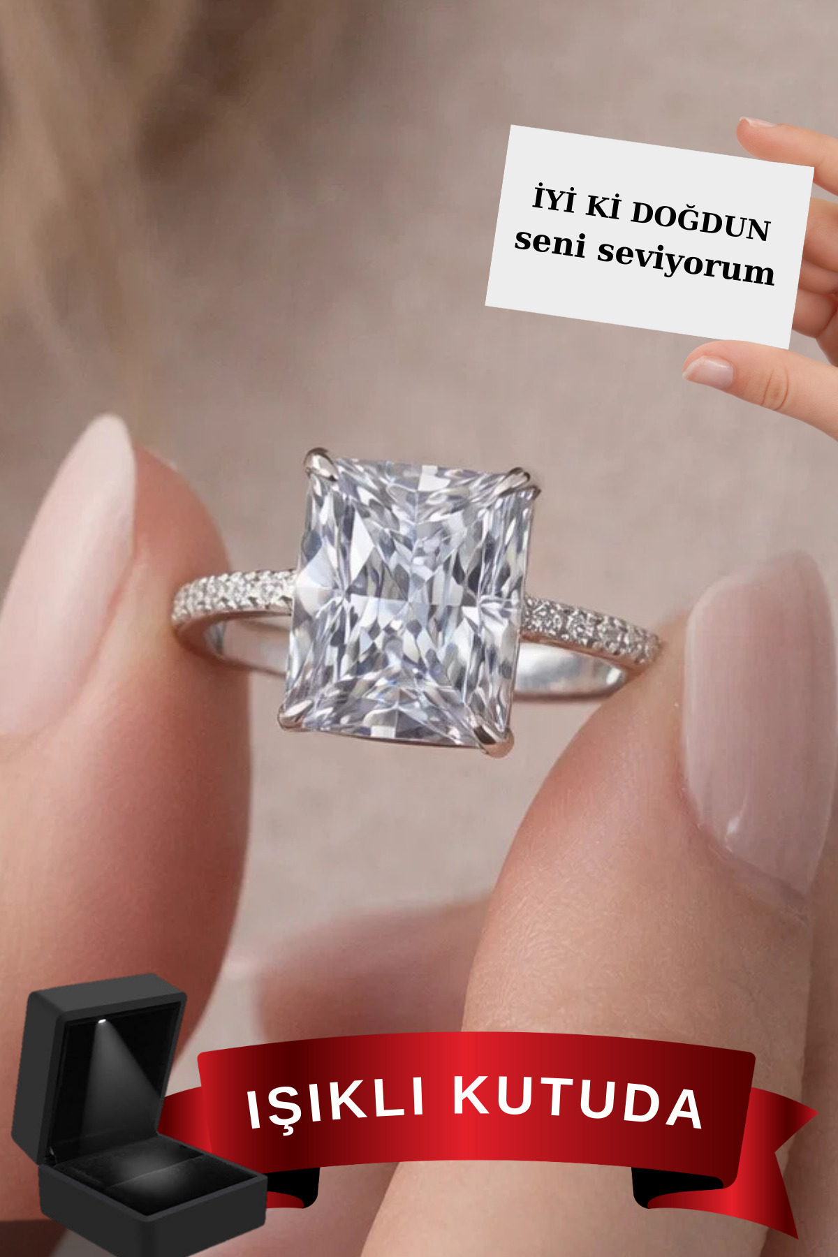 CARAT STONE Pırlanta Işıltılı 5 Carat Baget Yüzük IŞIKLI KUTUDA