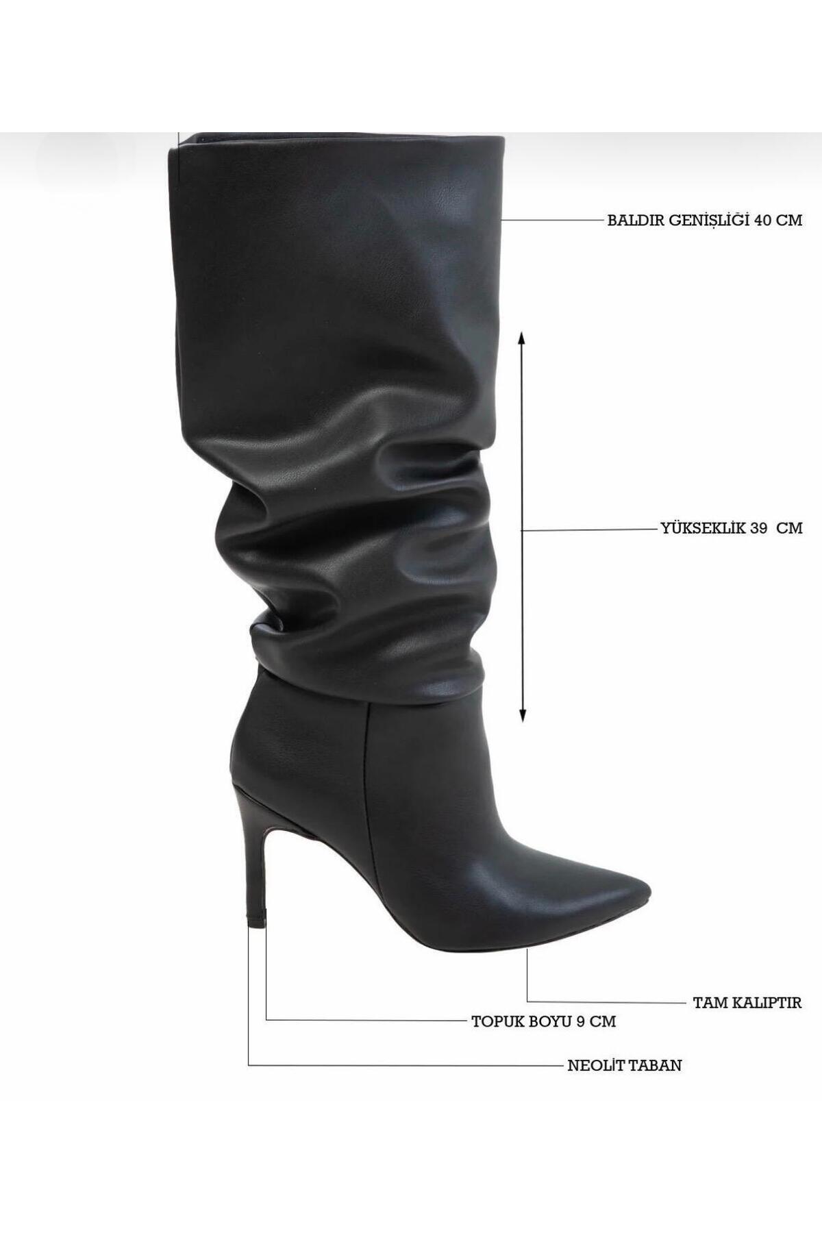 NITU Shoes  Siyah Cilt Körüklü Yüksek Topuklu Kadın Çizme - Görsel 5