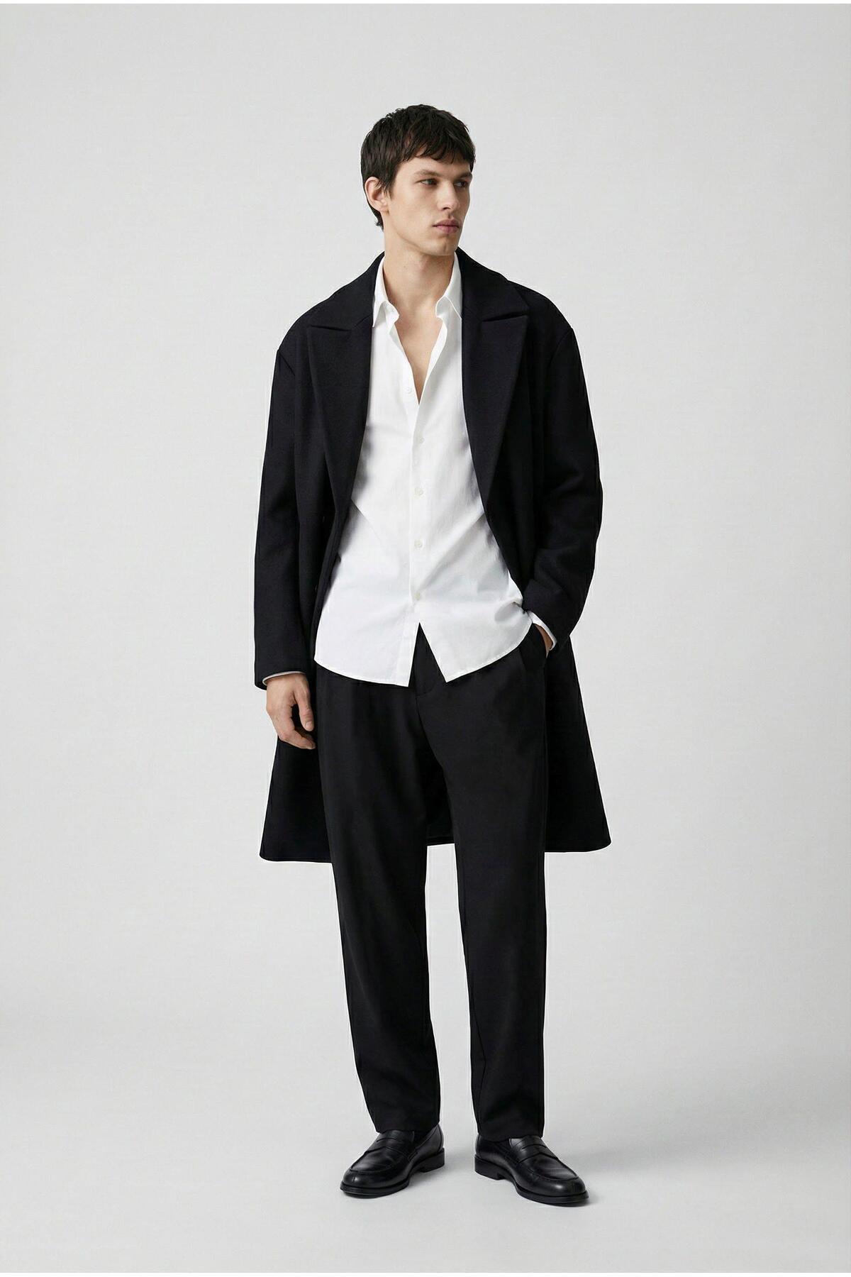 ablukaonline  Oversize Rahat Kesim Uzun Erkek Kaşe Kaban Palto Siyah - Görsel 5