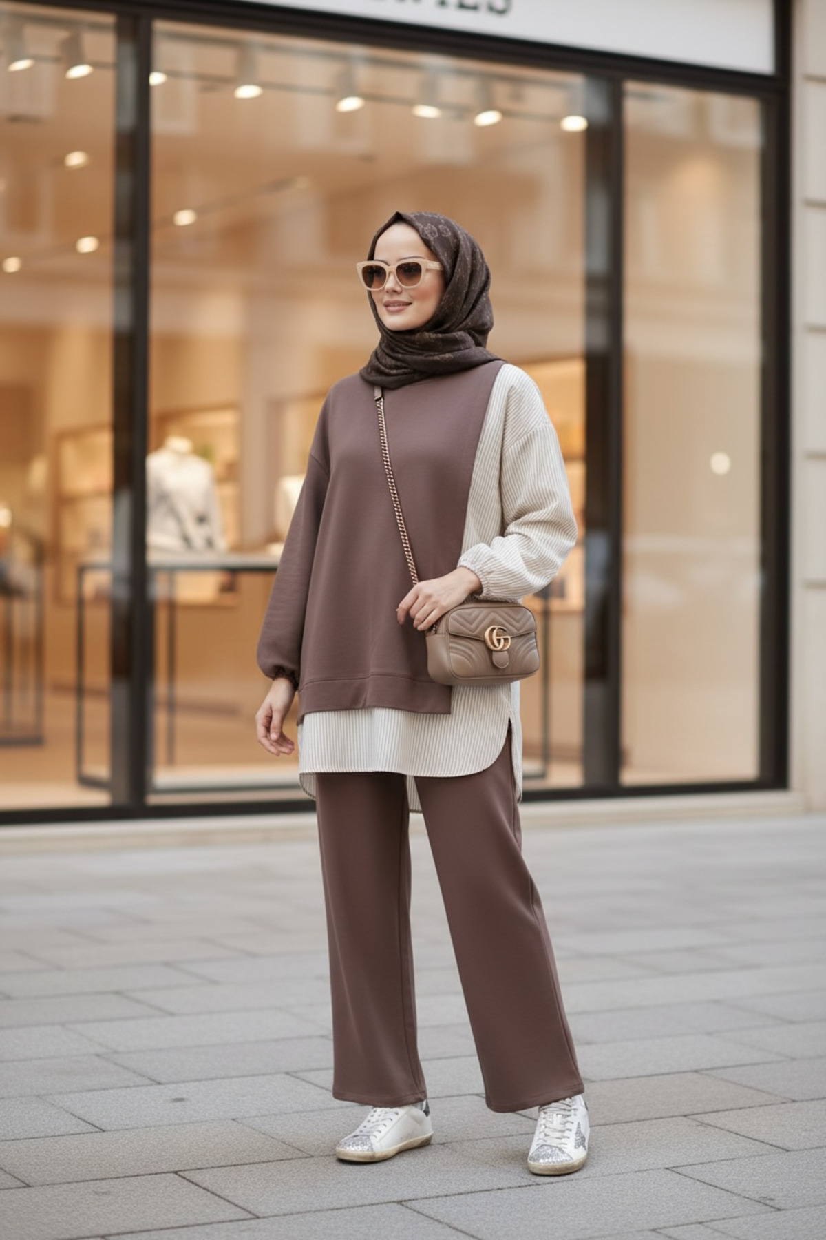ASEL FASHİON  Kadın Tesettür Takım Line İkili Takım Gömlek Kahve - Görsel 5