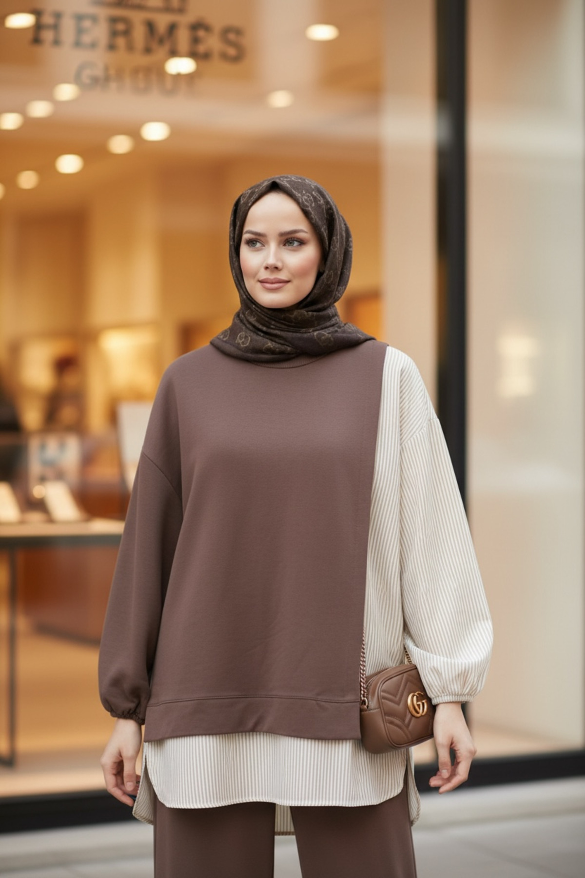 ASEL FASHİON  Kadın Tesettür Takım Line İkili Takım Gömlek Kahve - Görsel 6