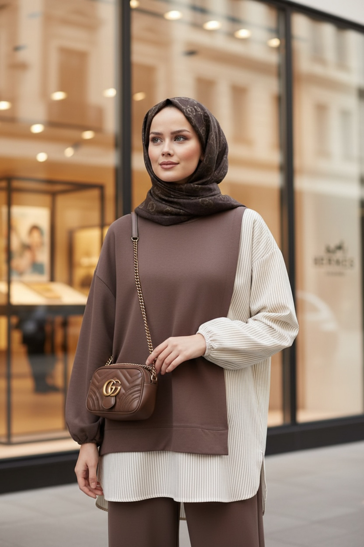 ASEL FASHİON  Kadın Tesettür Takım Line İkili Takım Gömlek Kahve - Görsel 7