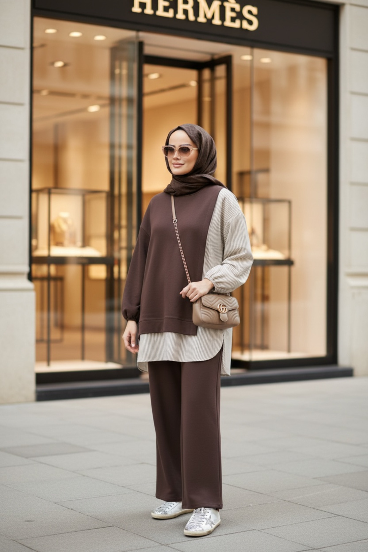 ASEL FASHİON  Kadın Tesettür Takım Line İkili Takım Gömlek Acıkahve - Görsel 5