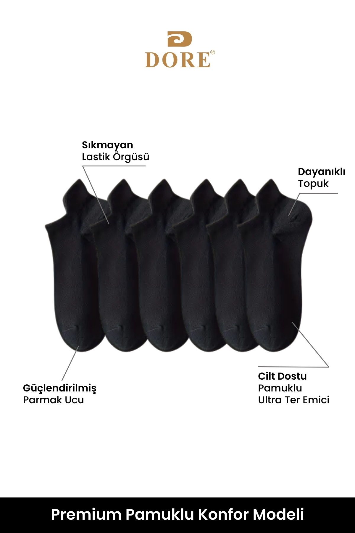 DORE  Orijinal 3 Çift Kulaklı Konfor Modeli Ter Emici Spor Ayakkabı Sneaker Premium Pamuklu Patik Çorap - Görsel 2