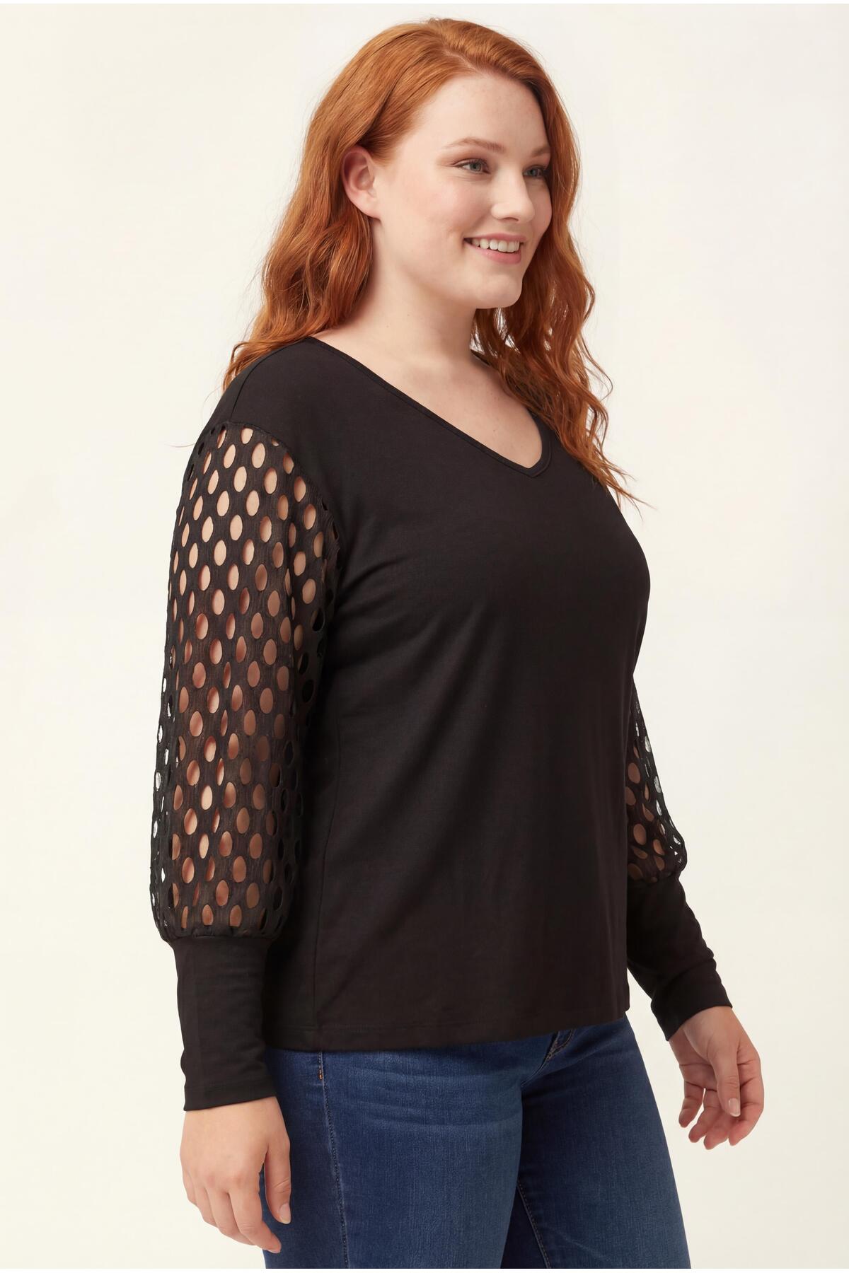 Ebsumu  Kadın Büyük Beden Transparan File Kol Detaylı Siyah Bluz - Görsel 3