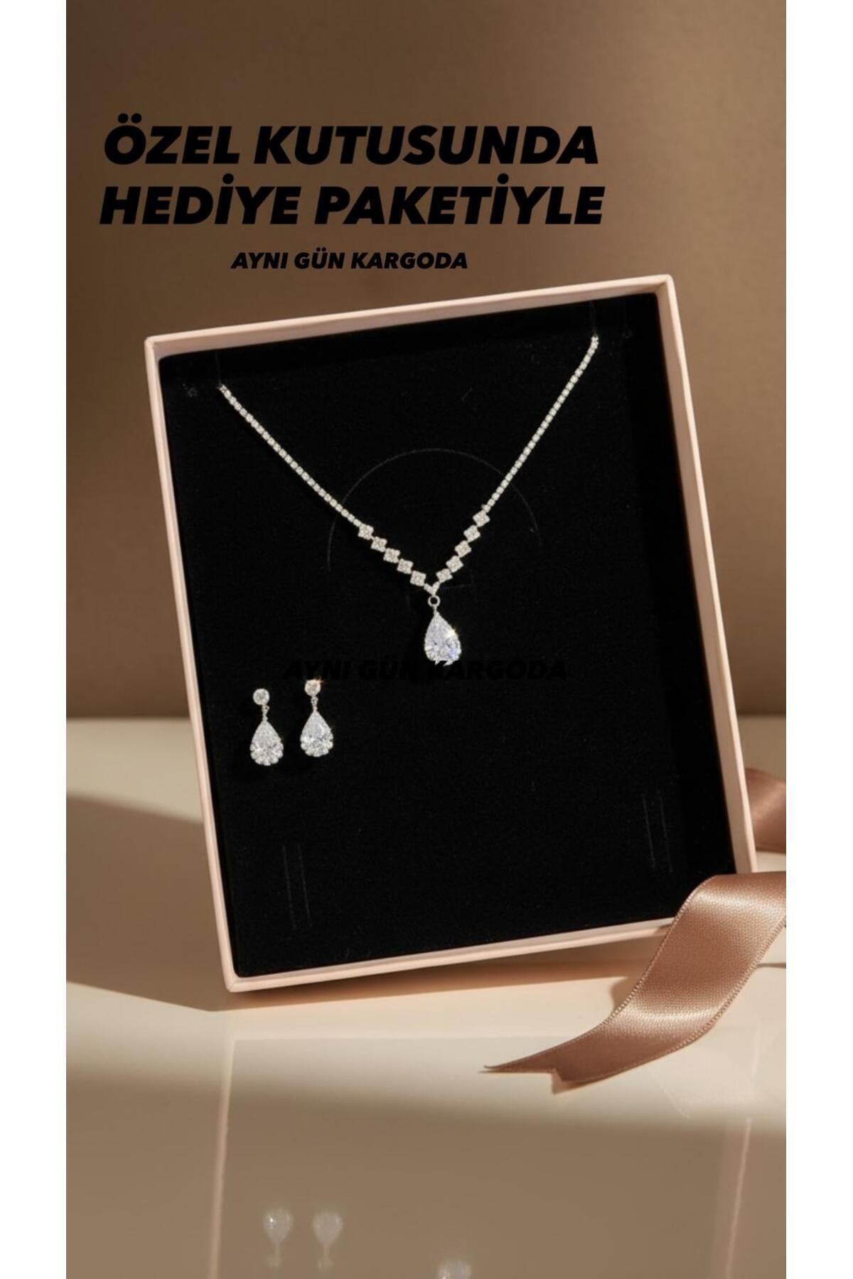 BEREN KILIÇ Cosima Gümüş Kaplama Düğün Takı Seti Kolye Küpe Hediye Set Nişan Söz Nikah Takı Seti