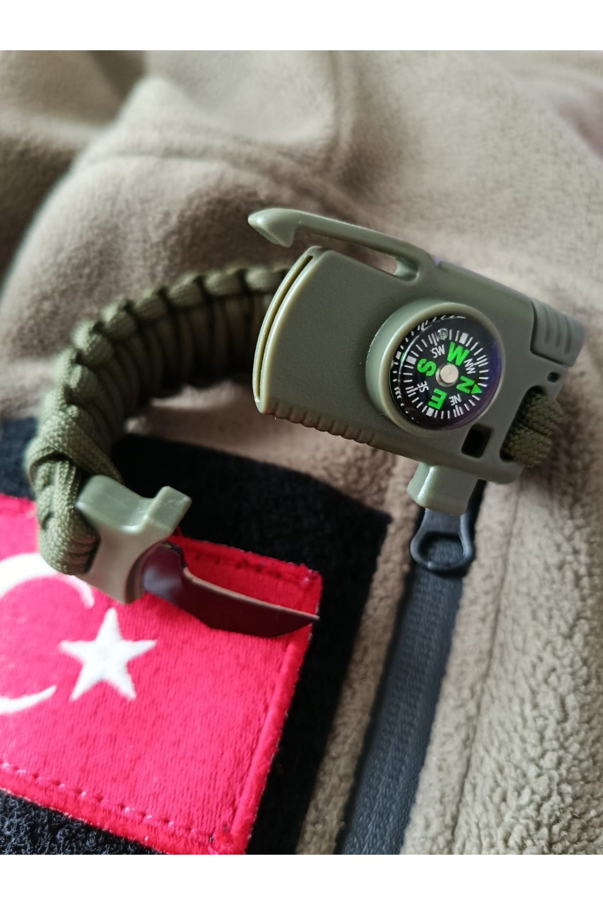 PARACORD Erkek Yeşil Bileklik Bıçak Pusula Ateş Başlatıcı Magnezyum ve İkaz Düdüğü görsel 2