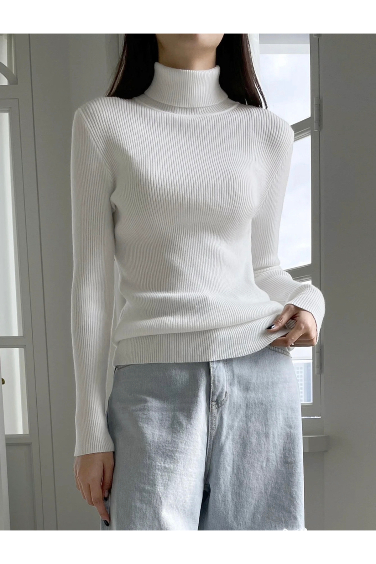 Buteks  Unisex Kırık Beyaz Premium Pamuklu Balıkçı Yaka Kaşkorse Şardonlu Slimfit Boğazlı Kazak - Görsel 4